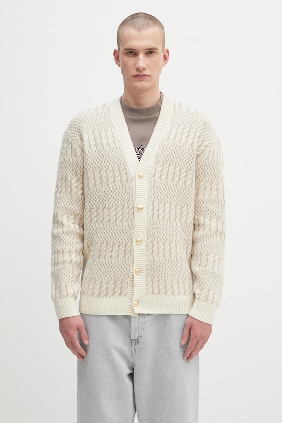 Drôle de Monsieur cardigan din lână Le Cardigan Torsades Bicolore cu modele bej H.CA160.WO018