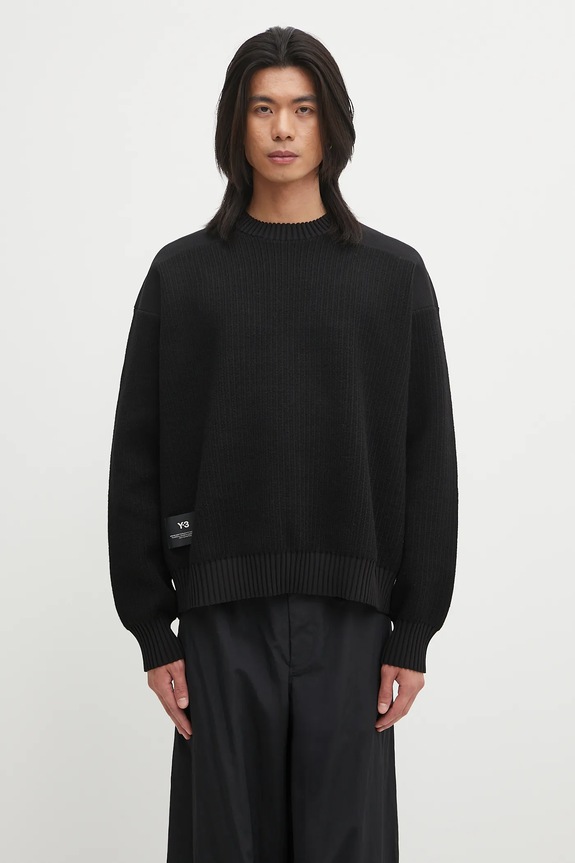 Vlněný svetr Y-3 Padded Knit Crew kulatý černá KD2555