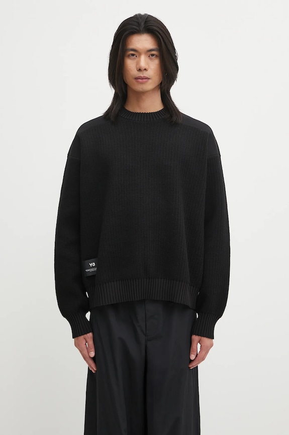 Vlněný svetr Y-3 Padded Knit Crew kulatý černá KD2555
