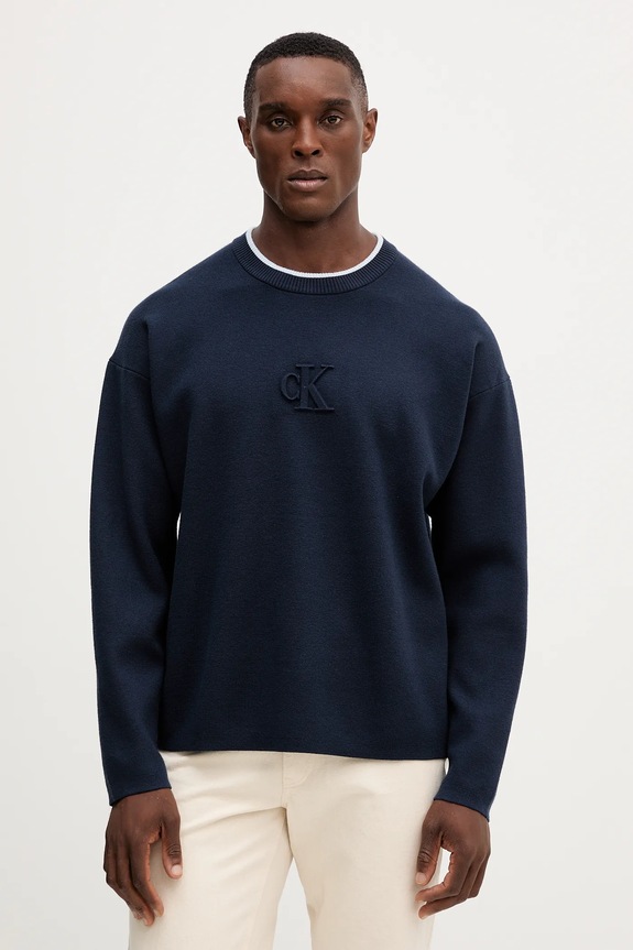 Pulover Calvin Klein Jeans okrugli mornarsko plava LV04RD300G
