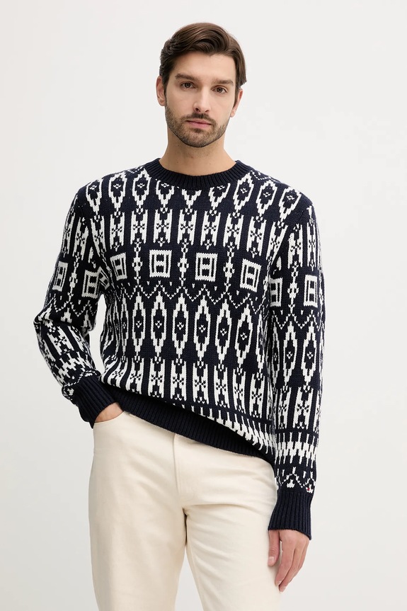 Sveter s prímesou vlny Tommy Hilfiger okrúhly tmavomodrá MW0MW42085