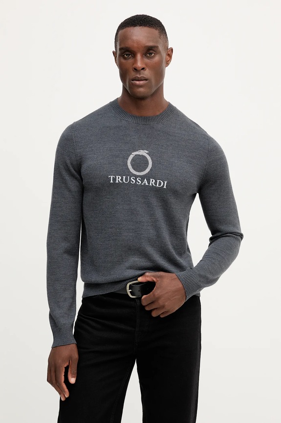 Trussardi sweter z wełną okrągły szary M0358000037N