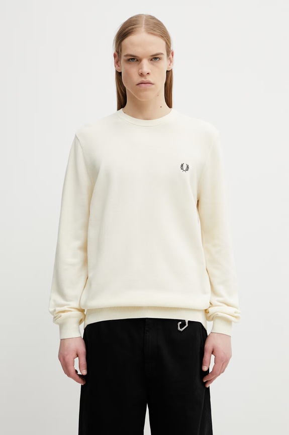 Bavlnený sveter Fred Perry jednofarebný béžová K1309