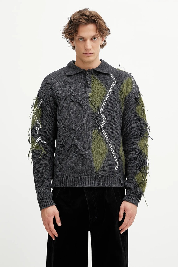 Vuneni pulover Andersson Bell Argyle Fisherman Polo na kopčanje siva atb1346m