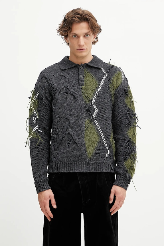 Vuneni pulover Andersson Bell Argyle Fisherman Polo na kopčanje siva atb1346m