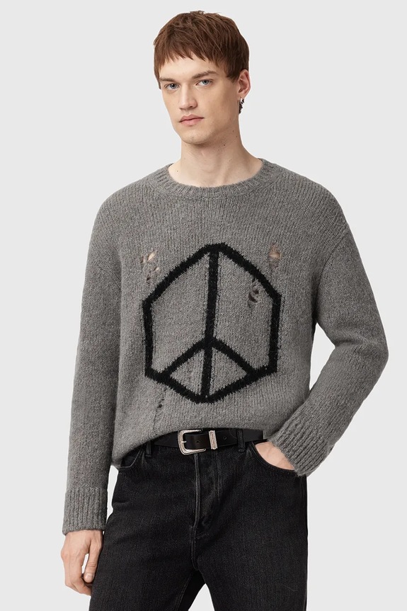 Pulover z dodatkom volne AllSaints MESSAGE Tanka siva M013KD