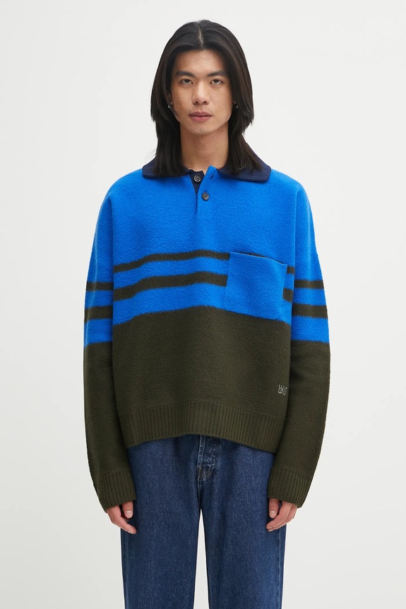 Wales Bonner maglione in lana Calm Polo colletto abbottonato blu UA25KN15.WO15.750