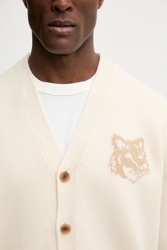 Maison Kitsuné kardigan wełniany Fox Head Intarsia Merino beżowy PM00509KM0329