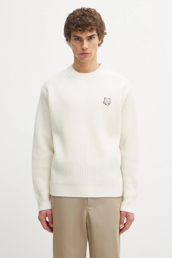 Maison Kitsuné woolen jumper Fox Head Wool Ribbed chunky beige PM00811KT1149