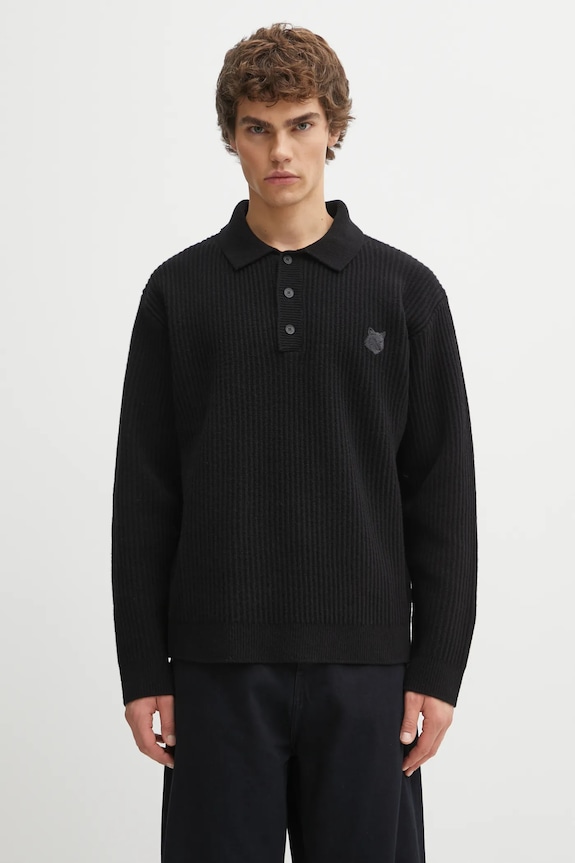 Maison Kitsuné woolen jumper Fox Head Wool Ribbed Polo wool black PM00213KT1149