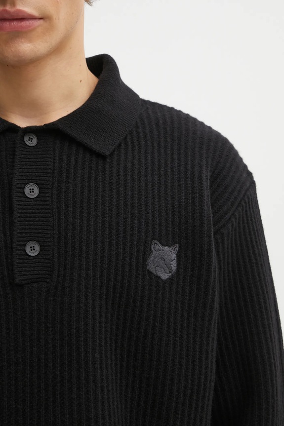 Maison Kitsuné woolen jumper Fox Head Wool Ribbed Polo black PM00213KT1149