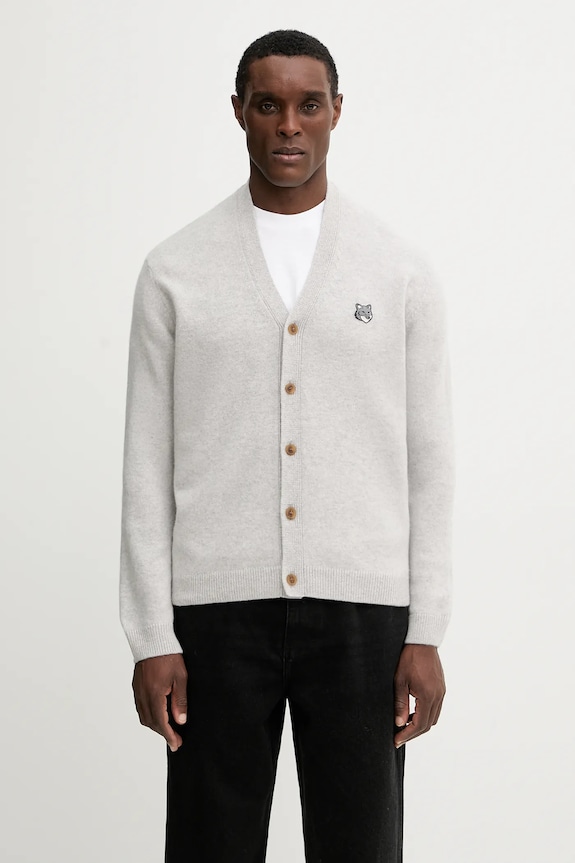 Maison Kitsuné woolen cardigan Fox Head Lambwsool Comfort fine-knit gray PM00502KT1006