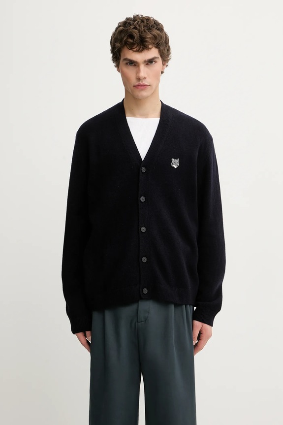 Maison Kitsuné woolen cardigan Fox Head Lambwsool Comfort fine-knit navy PM00502KT1006