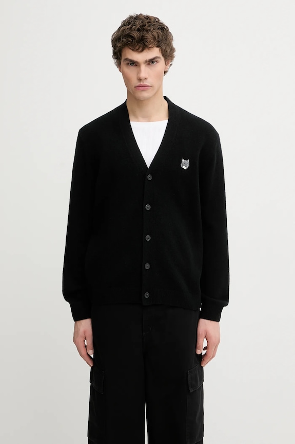 Maison Kitsuné woolen cardigan Fox Head Lambwsool Comfort fine-knit black PM00502KT1006