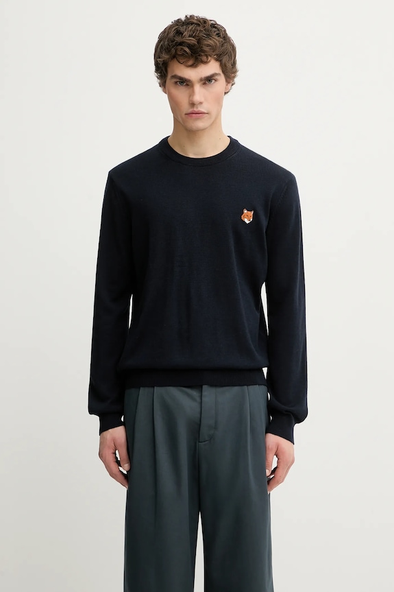 Вовняний светр Maison Kitsuné Fox Head Merino Regular круглий виріз темно-синій PM00801KT1181