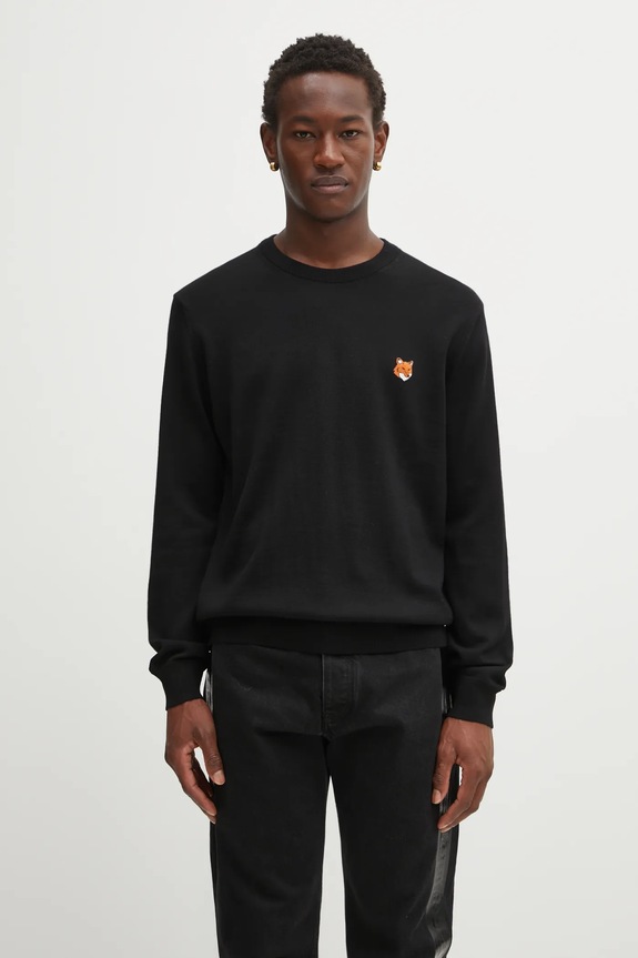 Maison Kitsuné woolen jumper Fox Head Merino Regular round neck black PM00801KT1181