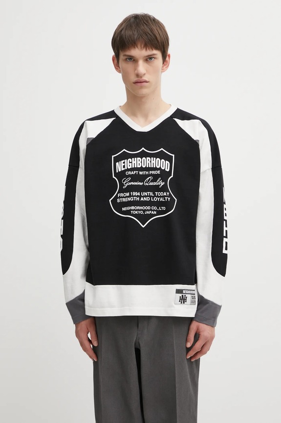 Хлопковый лонгслив NEIGHBORHOOD HOCKEY узор чёрный 252FPNH.CSM14
