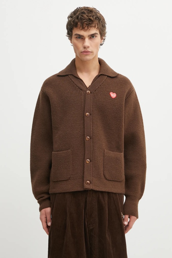 Vlnený kardigán Human Made KNIT CARDIGAN jednofarebný hnedá HM30CS004