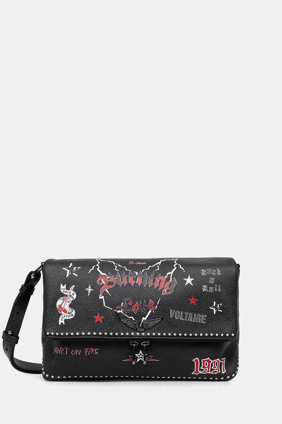 Kožená kabelka ZADIG&VOLTAIRE ROCKY II GRAINED LEATHER PUNK potlač čierna LWBA04149