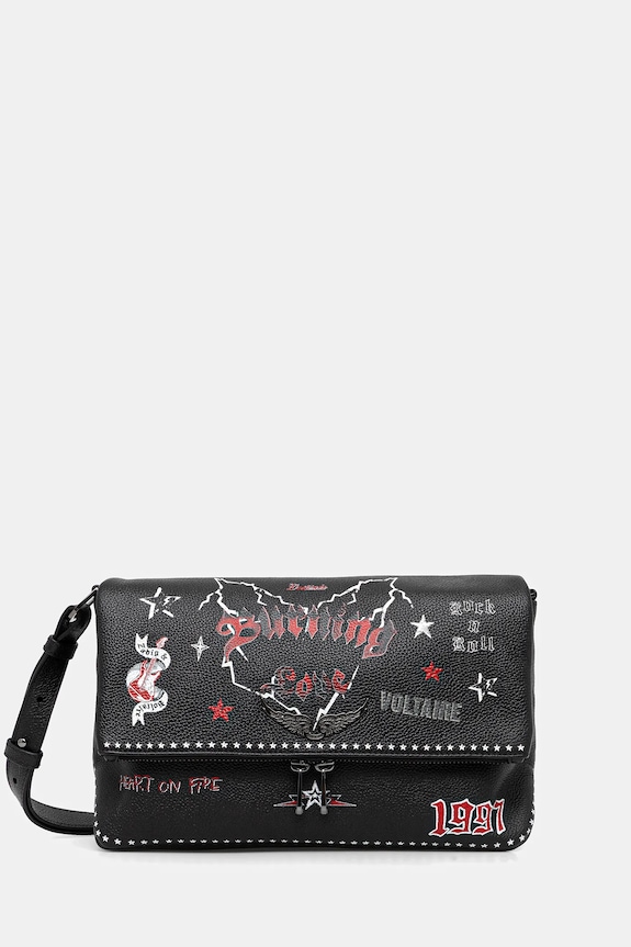 Kožená kabelka ZADIG&VOLTAIRE ROCKY II GRAINED LEATHER PUNK potlač čierna LWBA04149