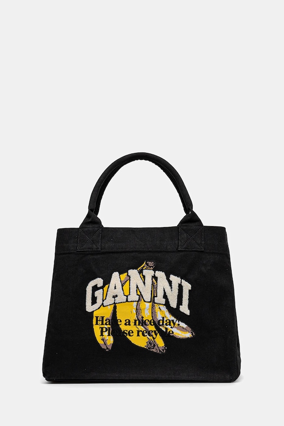 GANNI torebka bawełniana Shopper XXL Pocket Banana Print tekstylny czarny A6896