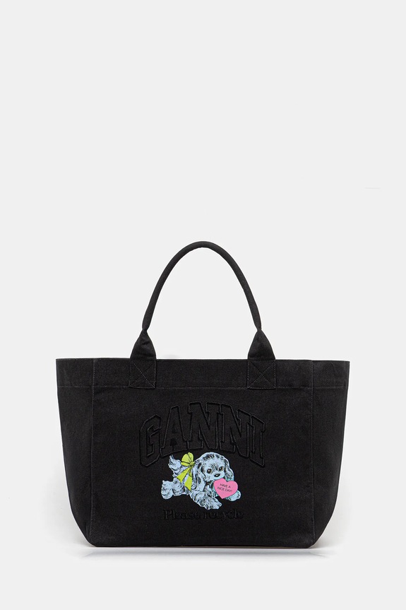 GANNI torebka bawełniana Shopper XXL Pocket Dog Print tekstylny czarny A7083