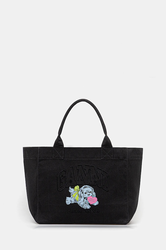 GANNI torebka bawełniana Shopper XXL Pocket Dog Print tekstylny czarny A7083