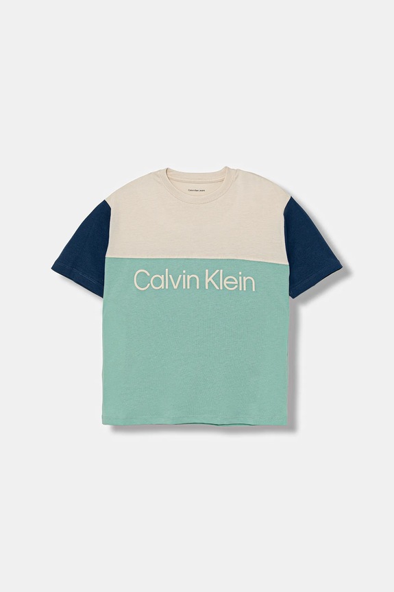 Παιδικό βαμβακερό μπλουζάκι Calvin Klein Jeans στάμπα τιρκουάζ IB0IB02528.128.170.9BYA