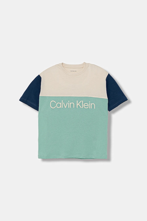 Παιδικό βαμβακερό μπλουζάκι Calvin Klein Jeans στάμπα τιρκουάζ IB0IB02528.128.170.9BYA