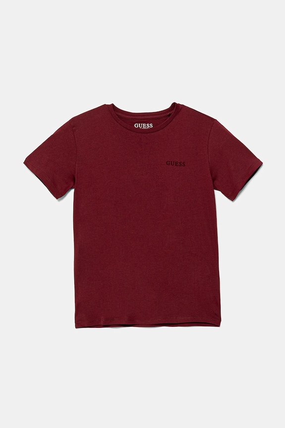 Παιδικό βαμβακερό μπλουζάκι Guess απλικέ μπορντό L5YI39.K8HM4.9BYA