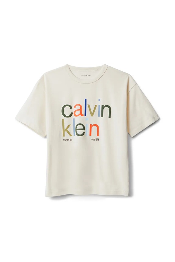 Otroška bombažna kratka majica Calvin Klein Jeans Okrogel bež IB0IB02578.128.170.9BYA