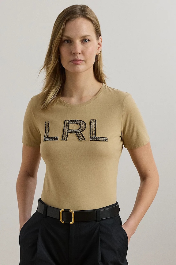 Βαμβακερό μπλουζάκι Lauren Ralph Lauren απλικέ μπεζ 200971125