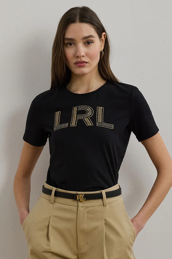 Bombažna kratka majica Lauren Ralph Lauren Okrogel črna 200971125