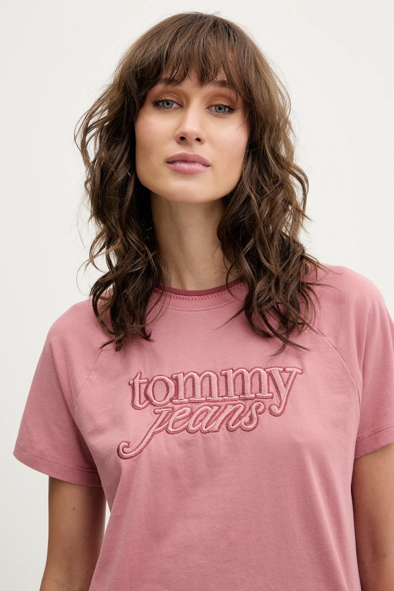 Βαμβακερό μπλουζάκι Tommy Jeans ροζ DW0DW21388