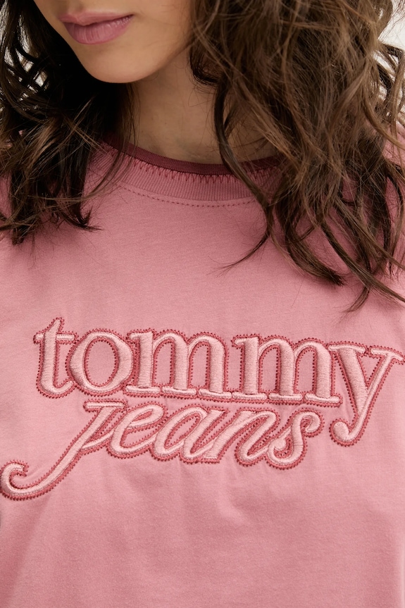 Βαμβακερό μπλουζάκι Tommy Jeans DW0DW21388 ροζ