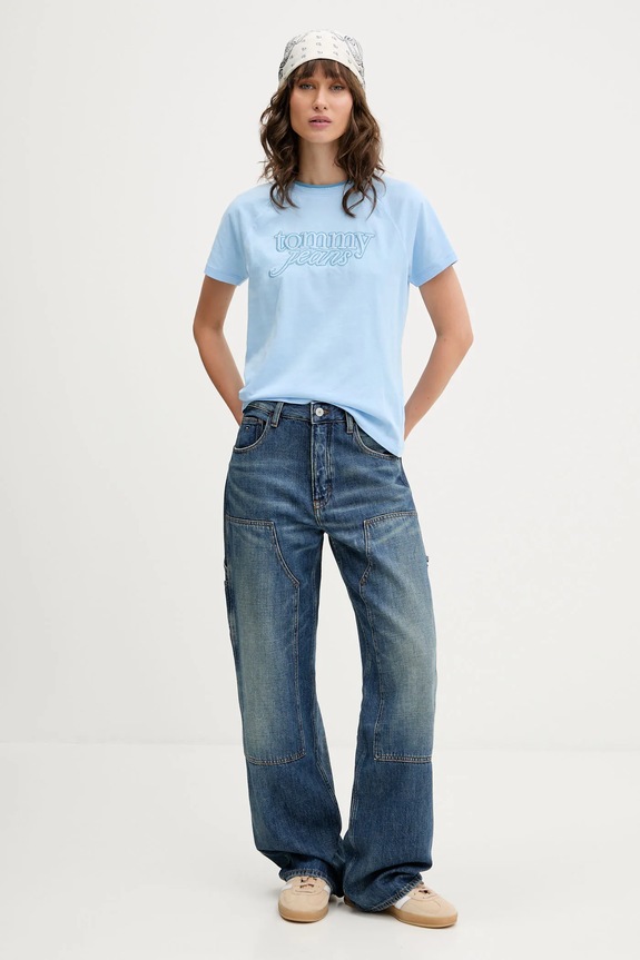 Tommy Jeans pamut póló DW0DW21388 kék AW25