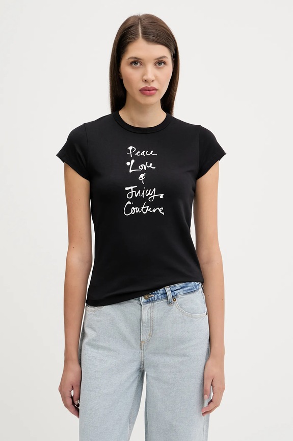 Μπλουζάκι Juicy Couture PEACE LOVE AND JUICY HILTON T-SHIRT κανονικό μαύρο JCNCT225458