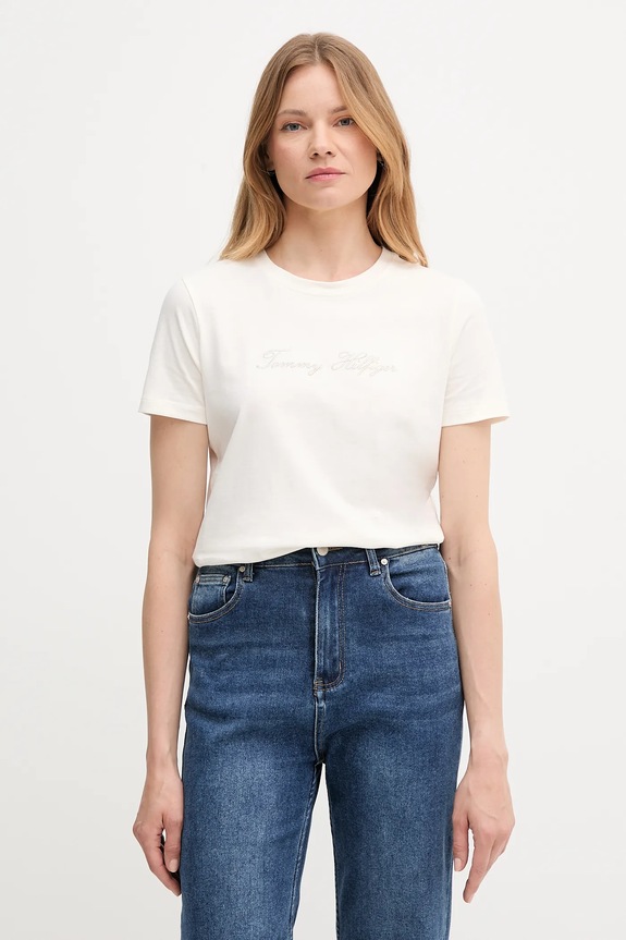 Bavlnené tričko Tommy Hilfiger nášivka béžová WW0WW47210