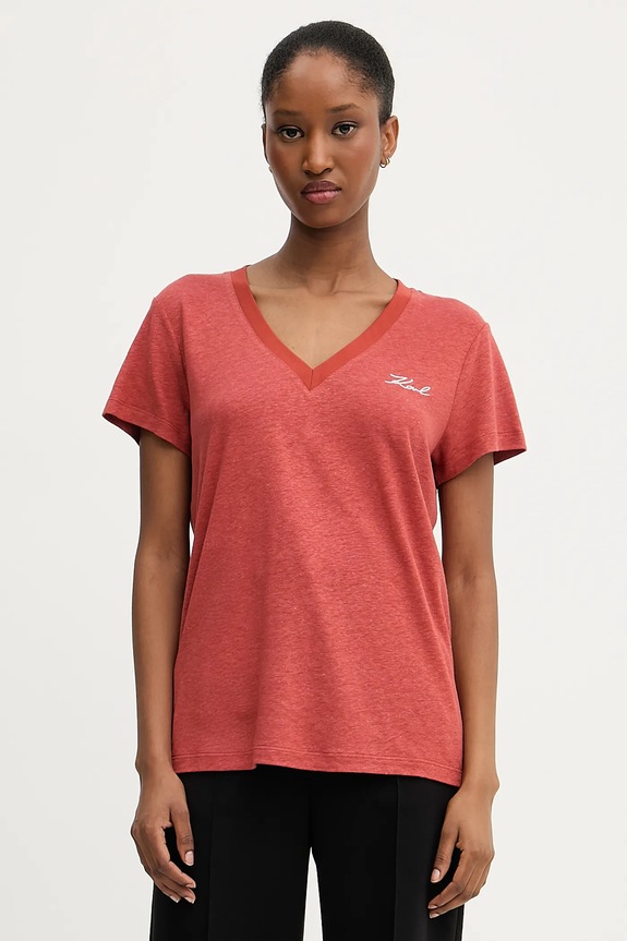 Karl Lagerfeld t-shirt lniany regular pomarańczowy A3W17070