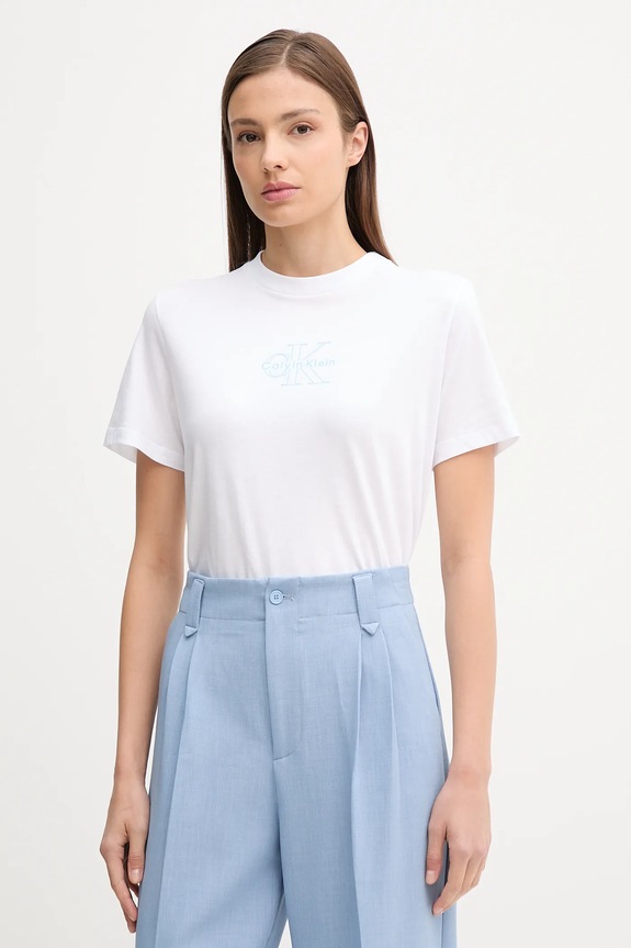 Bombažna kratka majica Calvin Klein Jeans Okrogel bela LV047C863G
