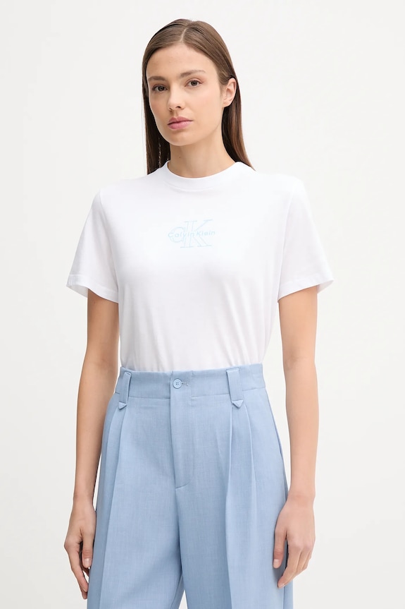 Bombažna kratka majica Calvin Klein Jeans Okrogel bela LV047C863G