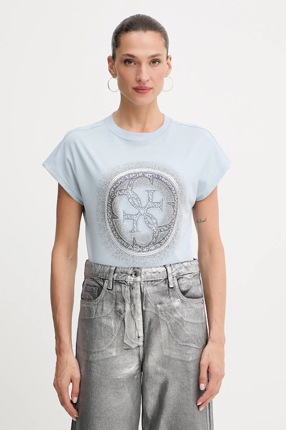Guess t-shirt bawełniany 4G nadruk fioletowy W5YI14.I3Z14