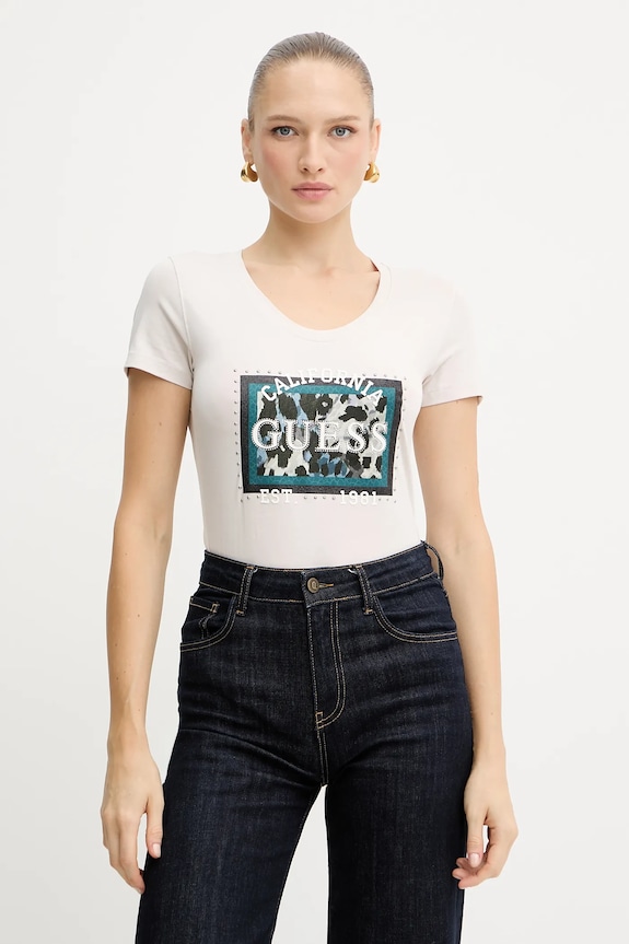 Μπλουζάκι Guess ANIMALIER κανονικό μπεζ W5YI27.J1314