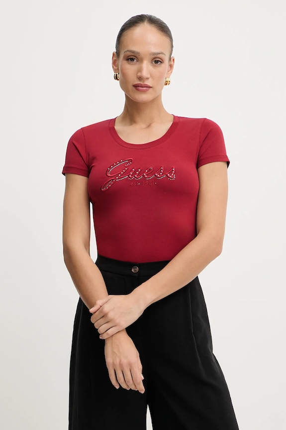 Guess t-shirt elasztánnal burgundia W5YI46.J1314