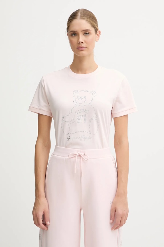 Guess tricou din bumbac imprimeu roz V5BI16.K8FQ4