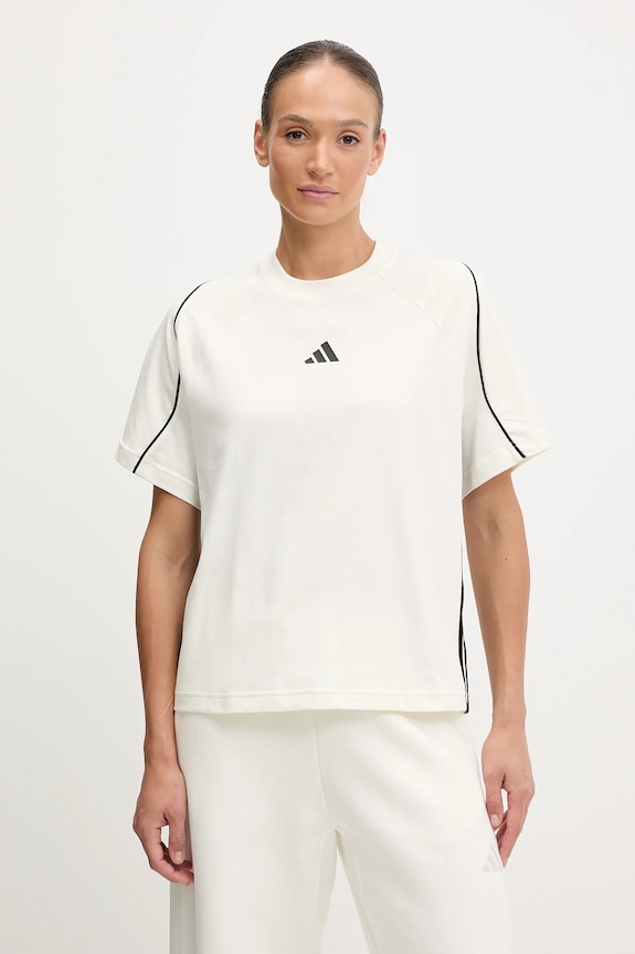 adidas t-shirt bawełniany Stadium wzorzyste beżowy JW0450