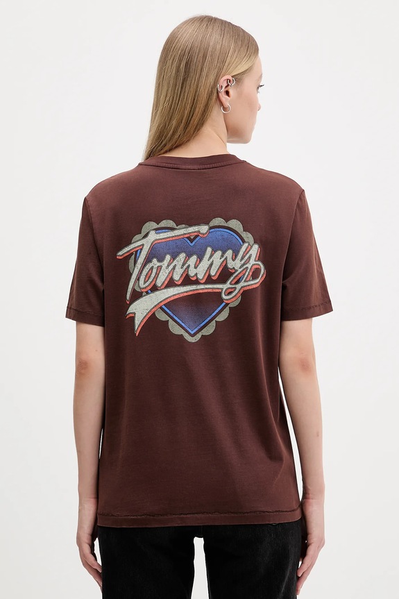 Bombažna kratka majica Tommy Jeans Okrogel rjava DW0DW21524