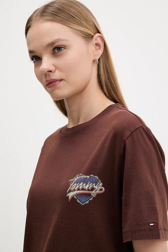 Bombažna kratka majica Tommy Jeans rjava DW0DW21524