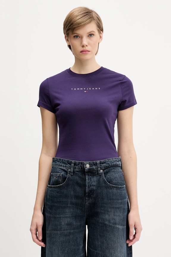 Bavlnené tričko Tommy Jeans slim fialová DW0DW21550