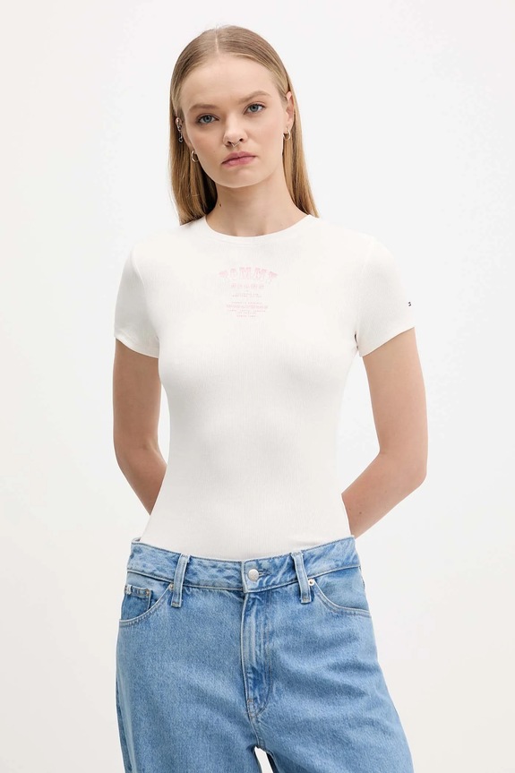 Kratka majica Tommy Jeans Z elastanom bež DW0DW21584